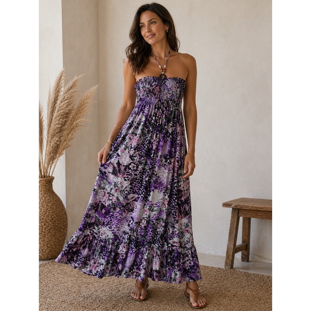 Just Love Dress Womens Medium Purple Floral Halter Smocked Maxi Beaded Sundress